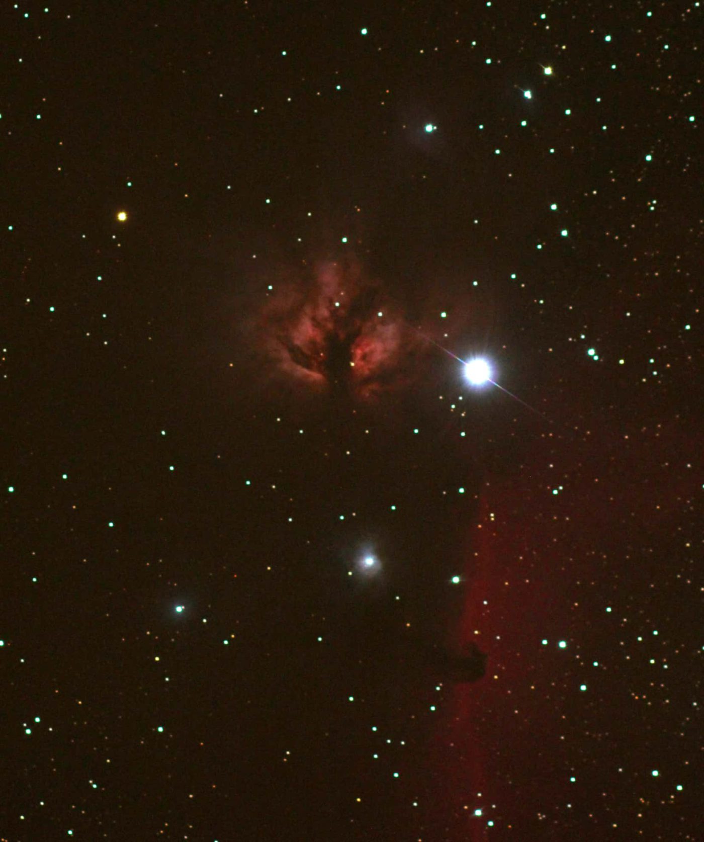Alnitak, Flame & Horsehead Nebulas in Orion 5 li-1017 Flame